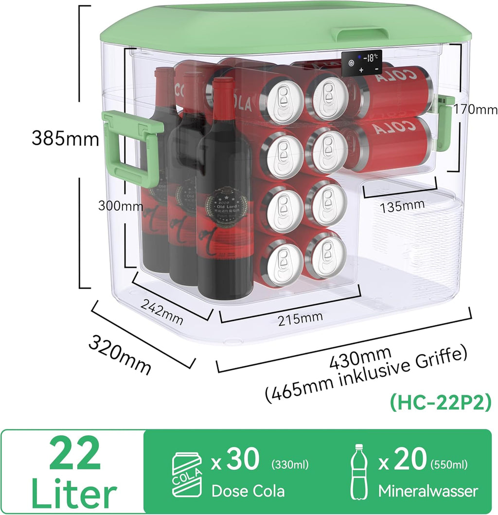 Kompressor Kühlbox HC-22P2 22L 12/24V 230V DC AC -18 bis 15°C Auto Kühlschrank Gefrierbox tragbar Camping Wohnmobil