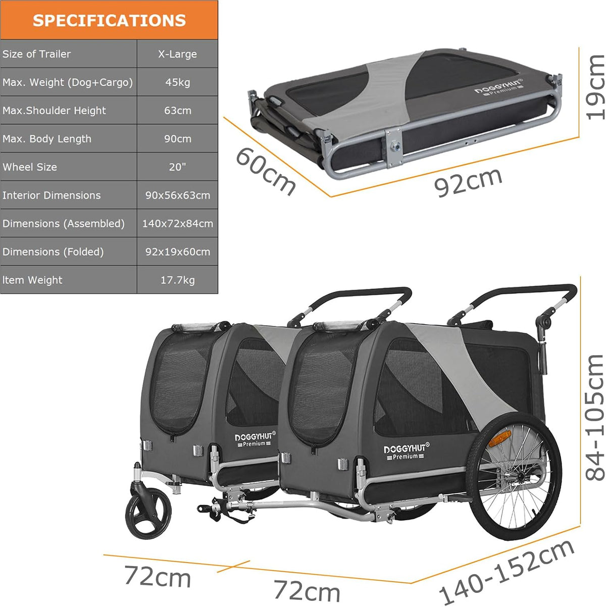 Hundefahrradanhänger 2 in 1 Jogger bis 45 kg faltbar mit 90 x 56 x 63 cm Kabine
