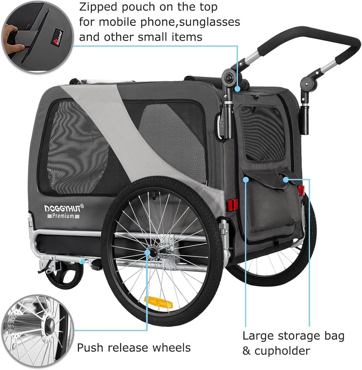 Hundefahrradanhänger 2 in 1 Jogger bis 45 kg faltbar mit 90 x 56 x 63 cm Kabine