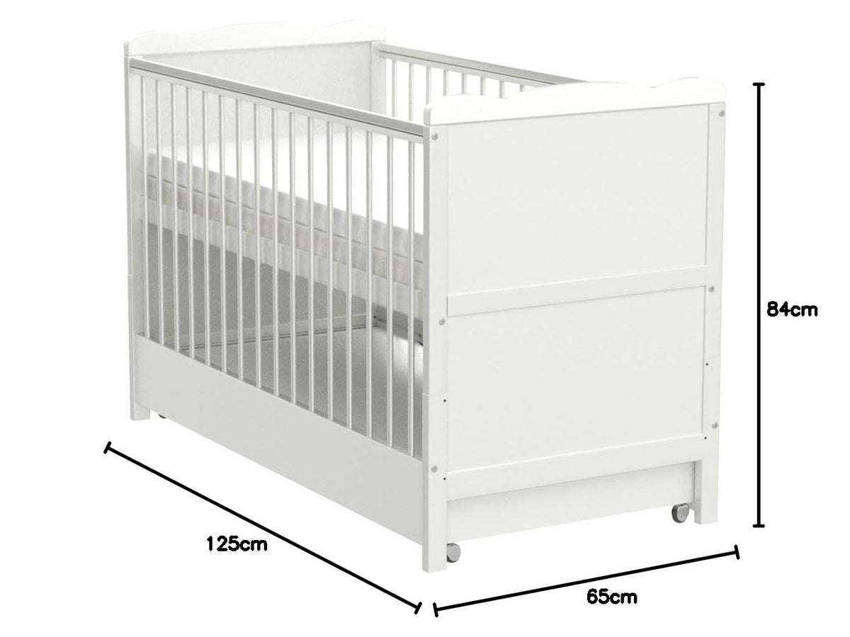 Baby Gitterbett mit Schublade 3-fach höhenverstellbar 6 cm Aloe Vera Matratze Zahnschienen umbaubar zum Juniorbett 120 x 60 cm Weiß