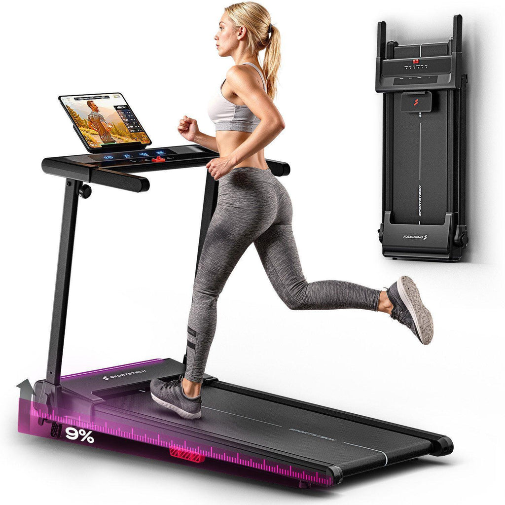 Elektrisches Laufband sProRun klappbar mit 9% Steigung 12 km/h für bis 120 kg Bluetooth LED Display und Tablethalter