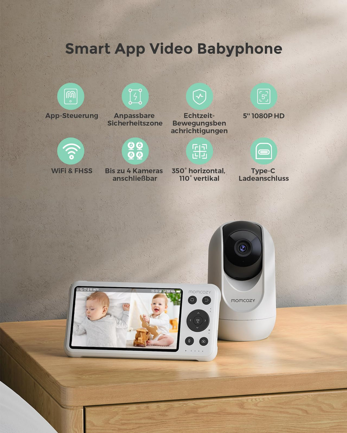 Babyphone mit 2 Kameras BM04-1 5 Zoll WLAN 1080p Nachtsicht 2-Wege-Audio Bewegungserkennung App-Steuerung 4-fach Zoom