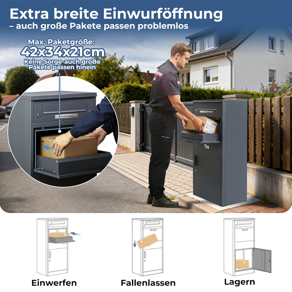 Paketbriefkasten mit Paketfach 85 l 112 x 50 x 39 cm verzinkter Stahl abschließbar freistehend mit 4 Schlüsseln Anthrazit