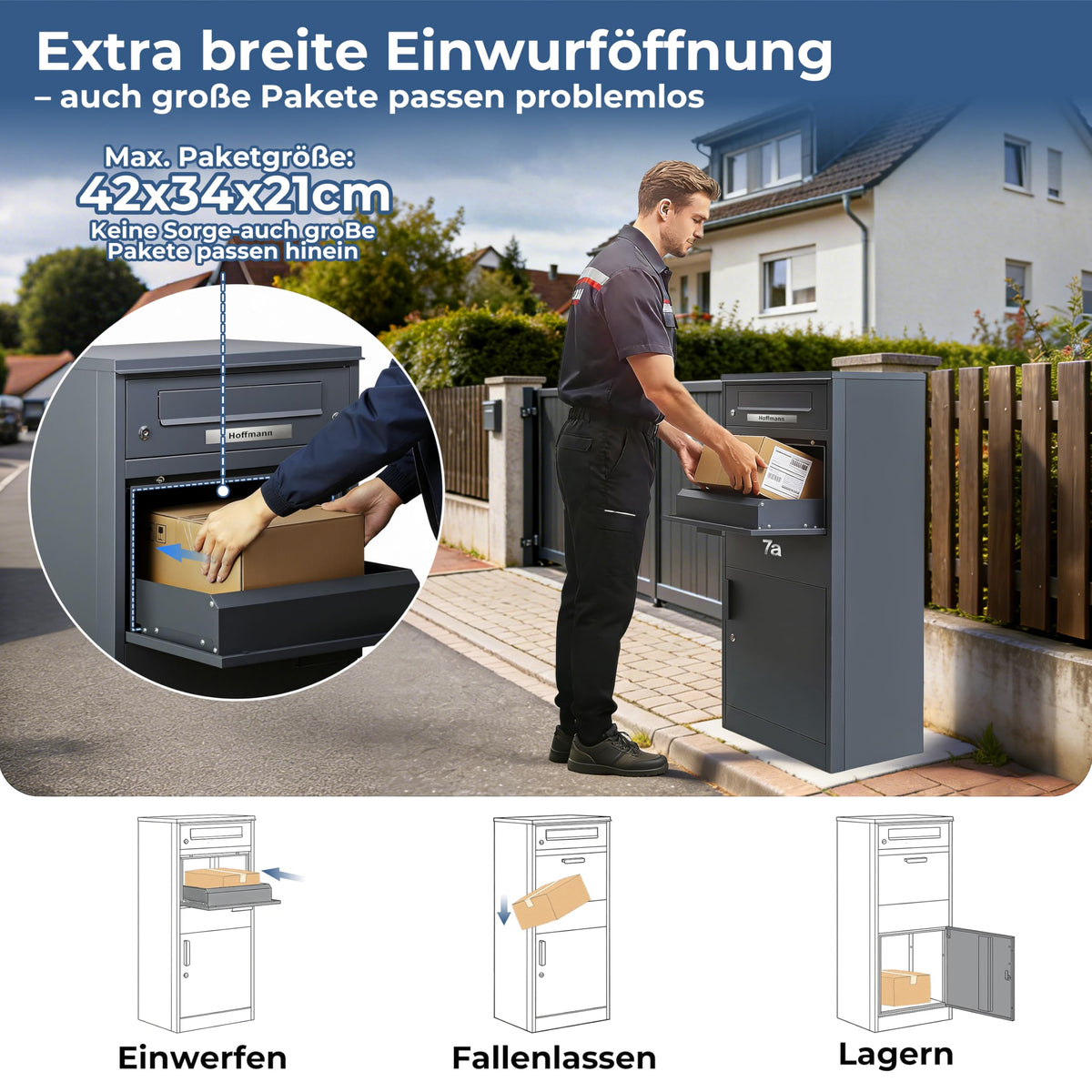 Paketbriefkasten mit Paketfach 85 l 112 x 50 x 39 cm verzinkter Stahl abschließbar freistehend mit 4 Schlüsseln Anthrazit