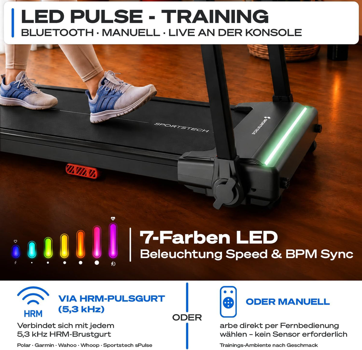Elektrisches Laufband sProRun klappbar mit 9% Steigung 12 km/h für bis 120 kg Bluetooth LED Display und Tablethalter