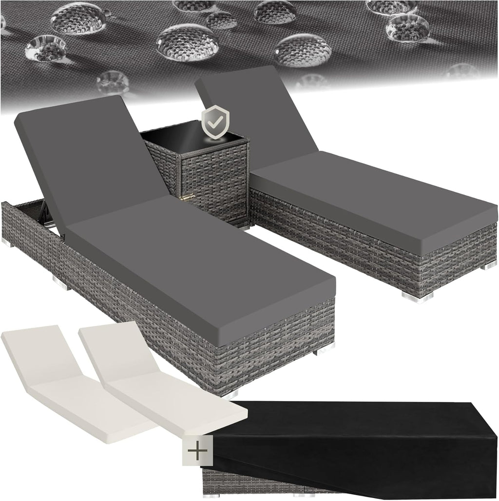 Gartenliege Set 2 Personen mit Tisch 403088 Aluminium Polyrattan Sonnenliegen 5-fach verstellbar inkl Schutzhülle Grau