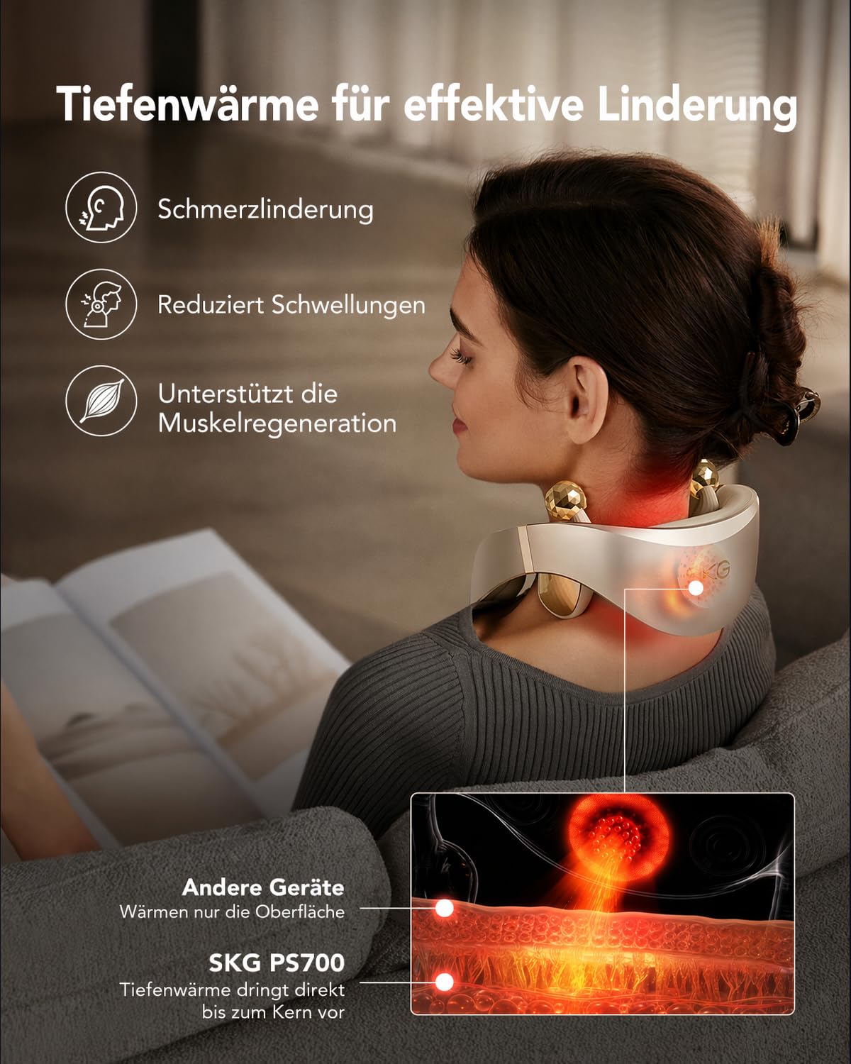 PS700 Nackenmassagegerät mit Wärme Shiatsu kabellos 120 Min Akkulaufzeit 3000 U/min