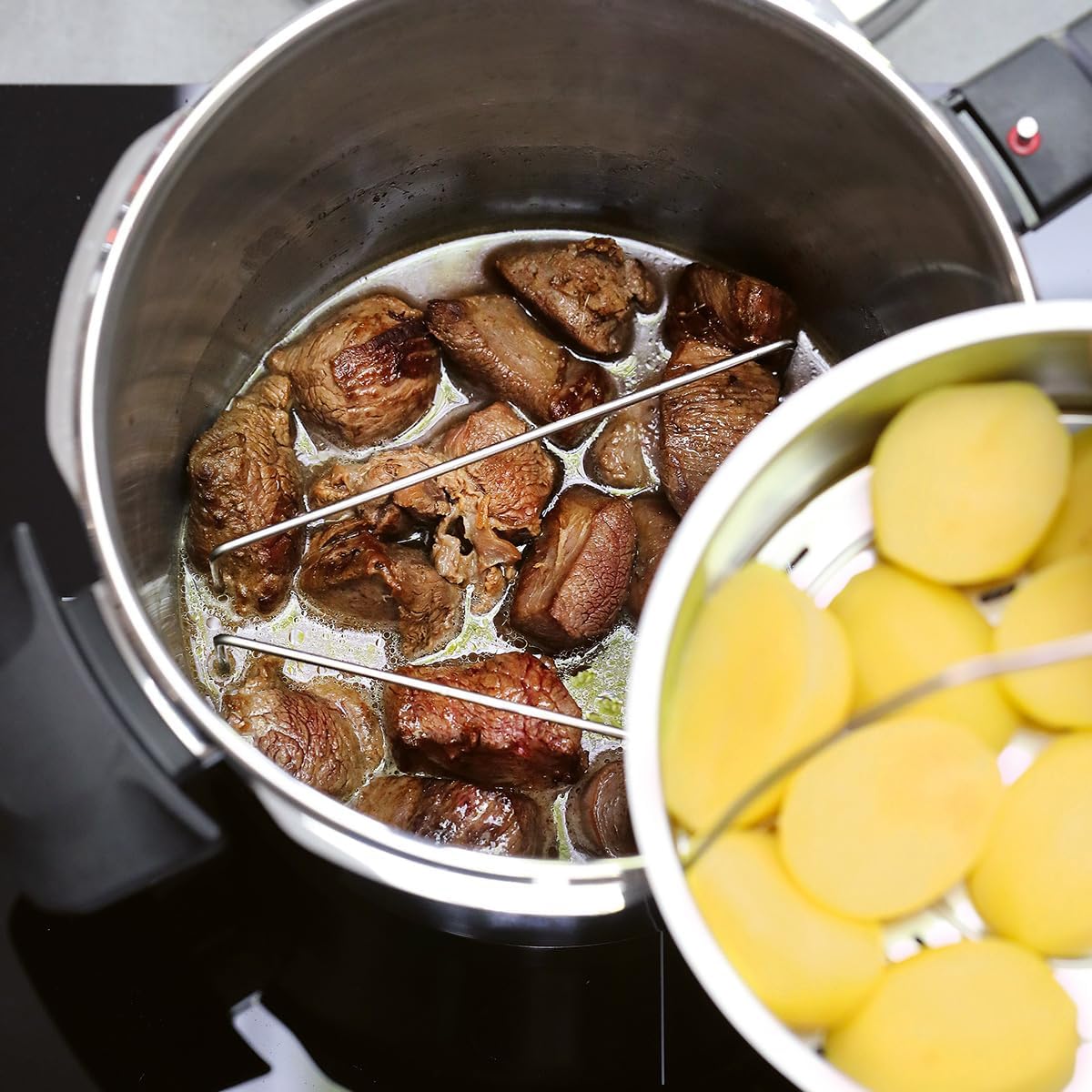 Schnellkochtopf Vitavit 6 L Ø 22 cm aus Edelstahl für Induktion mit 4 Garstufen Dampfgarfunktion und Einsatz
