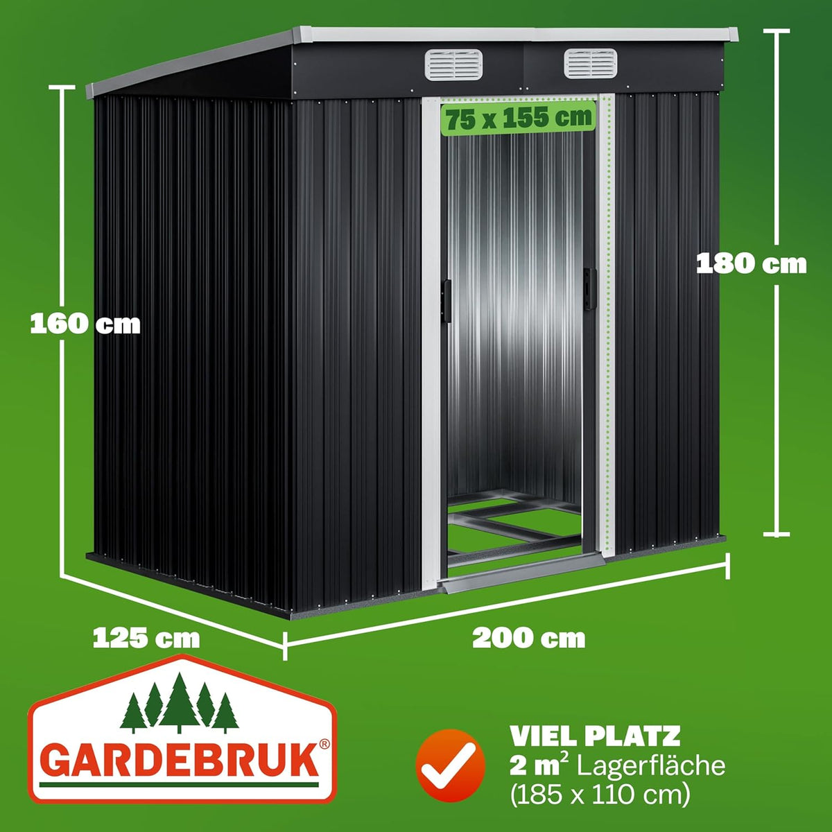 Metall Gerätehaus mit Schiebetür und Fundament 200x125x180 cm wetterfest 2 m² Gartenhaus anthrazit Stahlkonstruktion