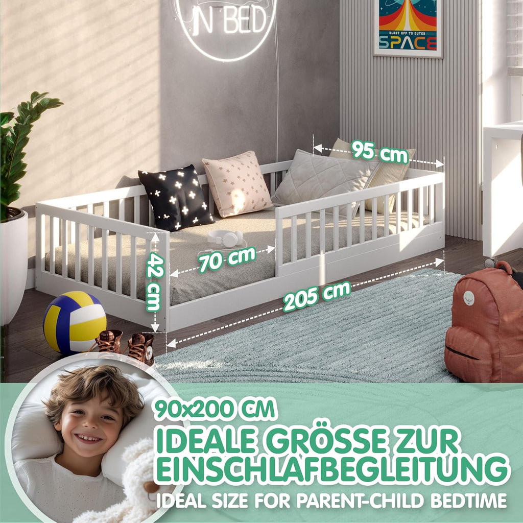 Bodenbett 90x200 cm Montessori Kinderbett Massivholz Kiefer mit Rausfallschutz und Roll-Lattenrost bis 200 kg
