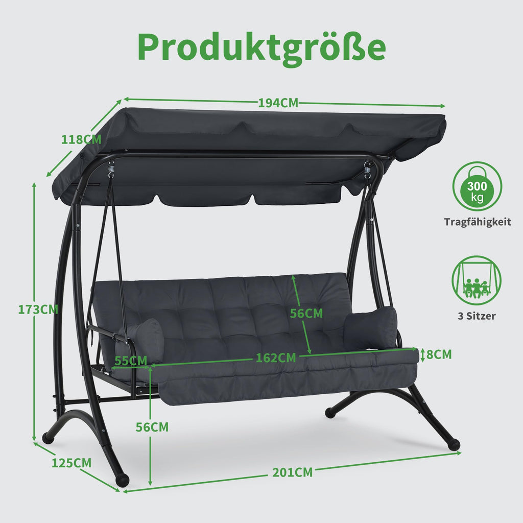 3-Sitzer Hollywoodschaukel mit Liegefunktion Sonnendach 300 kg 201 x 125 x 173 cm