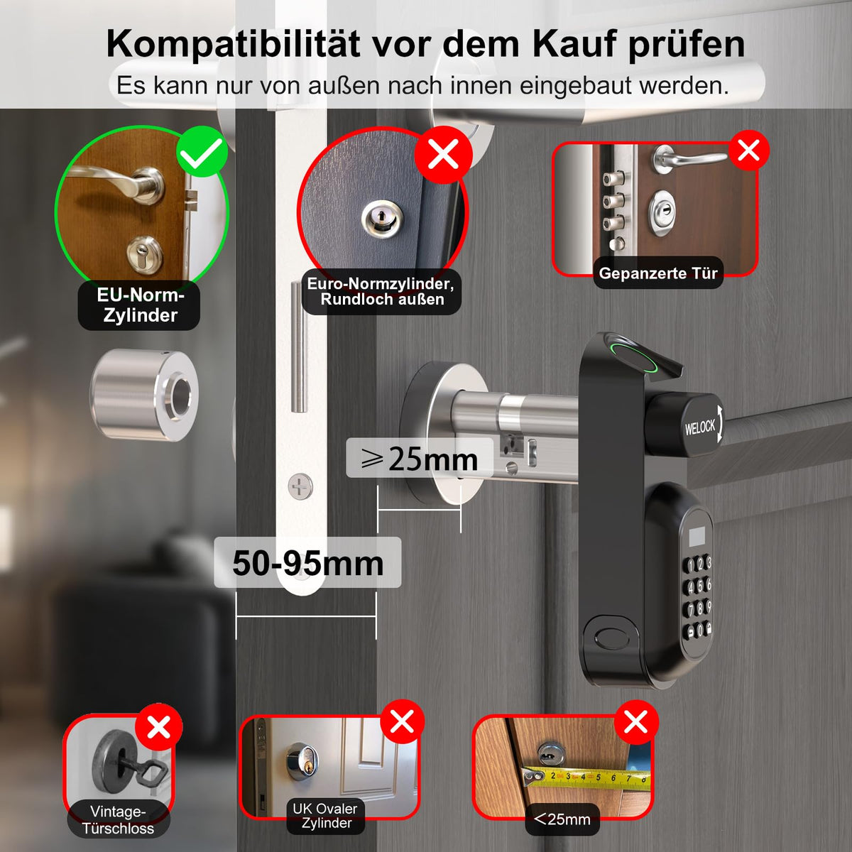 Türschloss mit Fingerabdruck und PIN U81 6-in-1 App RFID Bluetooth WLAN für EU-Profiltüren 50-90 mm