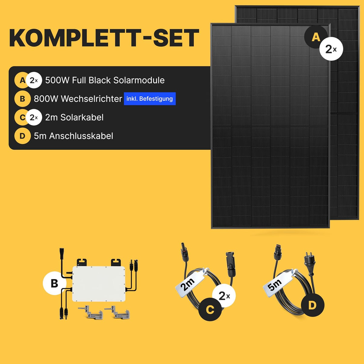 Balkonkraftwerk Solaranlage Komplettset 1000W 800W Wechselrichter 2x500W bifaziale Solarmodule 5m Anschlusskabel ohne Halterung