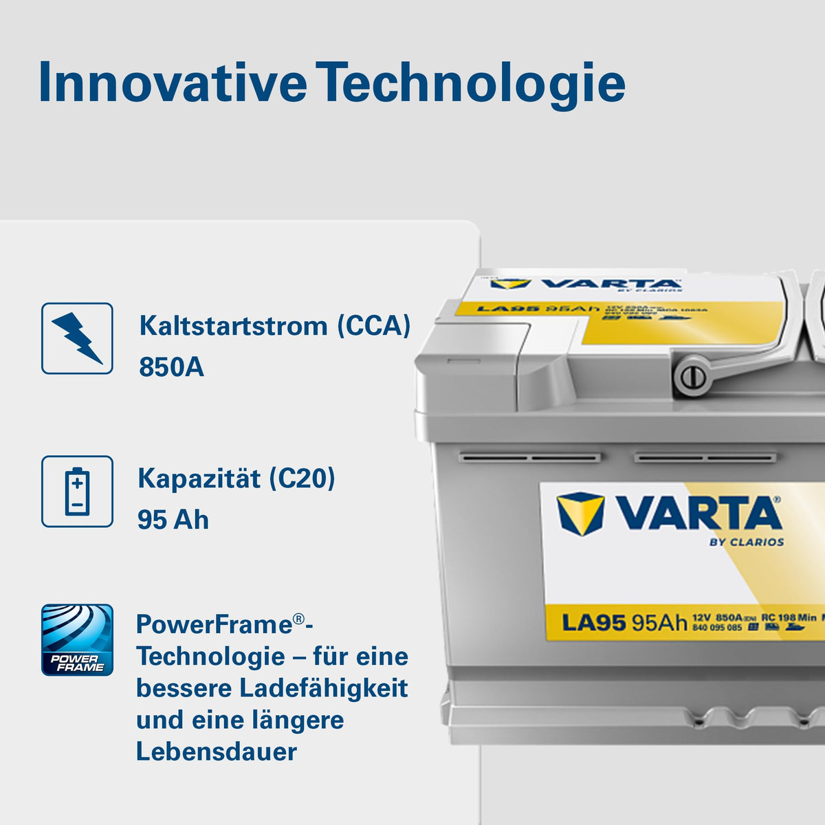 Professional Dual Purpose AGM Batterie 12V 95Ah 850A für Wohnmobil Wohnwagen und Boote wartungsfrei 353 x 190 x 175 mm