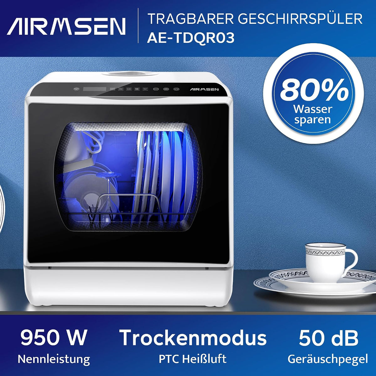 Tischgeschirrspüler AE-TDQR03 kompakt 5L Wassertank 6 Programme LED Display Touch Steuerung