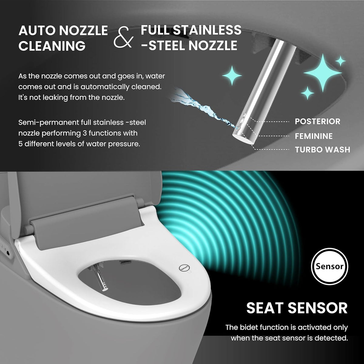Elektronischer Bidet-Toilettensitz VB-4000SE Länglich mit Edelstahl-Selbstreinigungsdüse Sitzheizung Warmlufttrockner Nachtlicht Fernbedienung