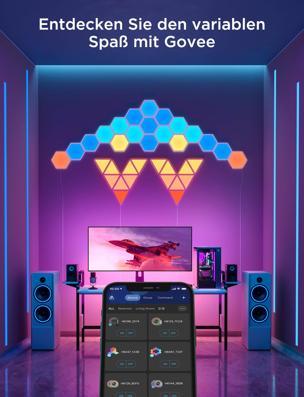 LED Hexagon Panel 10er Set RGBIC Wandleuchte Gaming Beleuchtung 36W WLAN App Alexa Google Assistant Musik Sync