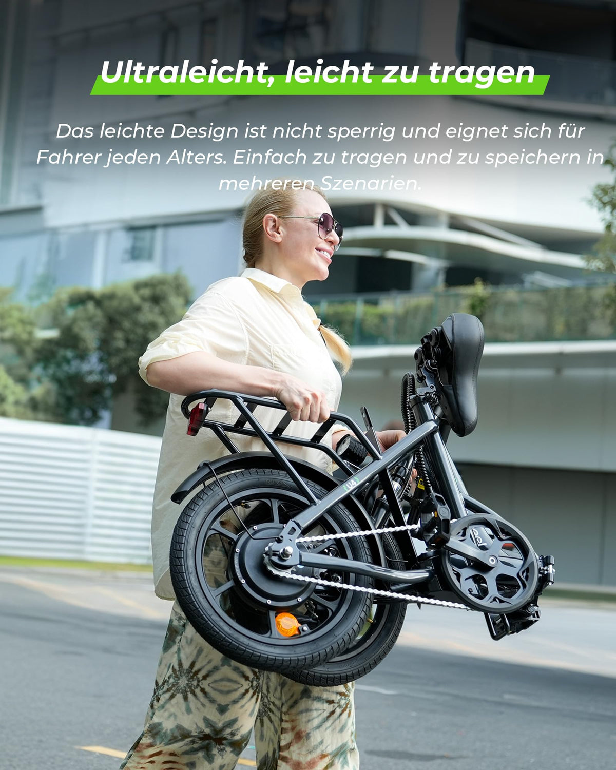 Faltbares E-Bike U4 16 Zoll Schwarz mit 250 W Motor 36 V 10,4 Ah Akku 5 Gängen Scheibenbremsen und Gepäckträger