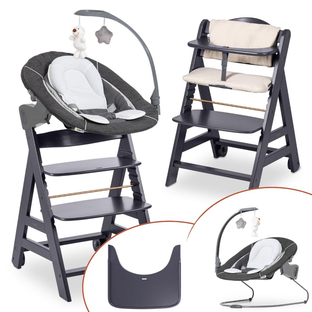 Babyhochstuhl Beta+ Newborn Set Deluxe mit Bouncer Essbrett und Sitzpolster aus Buchenholz bis 90 kg