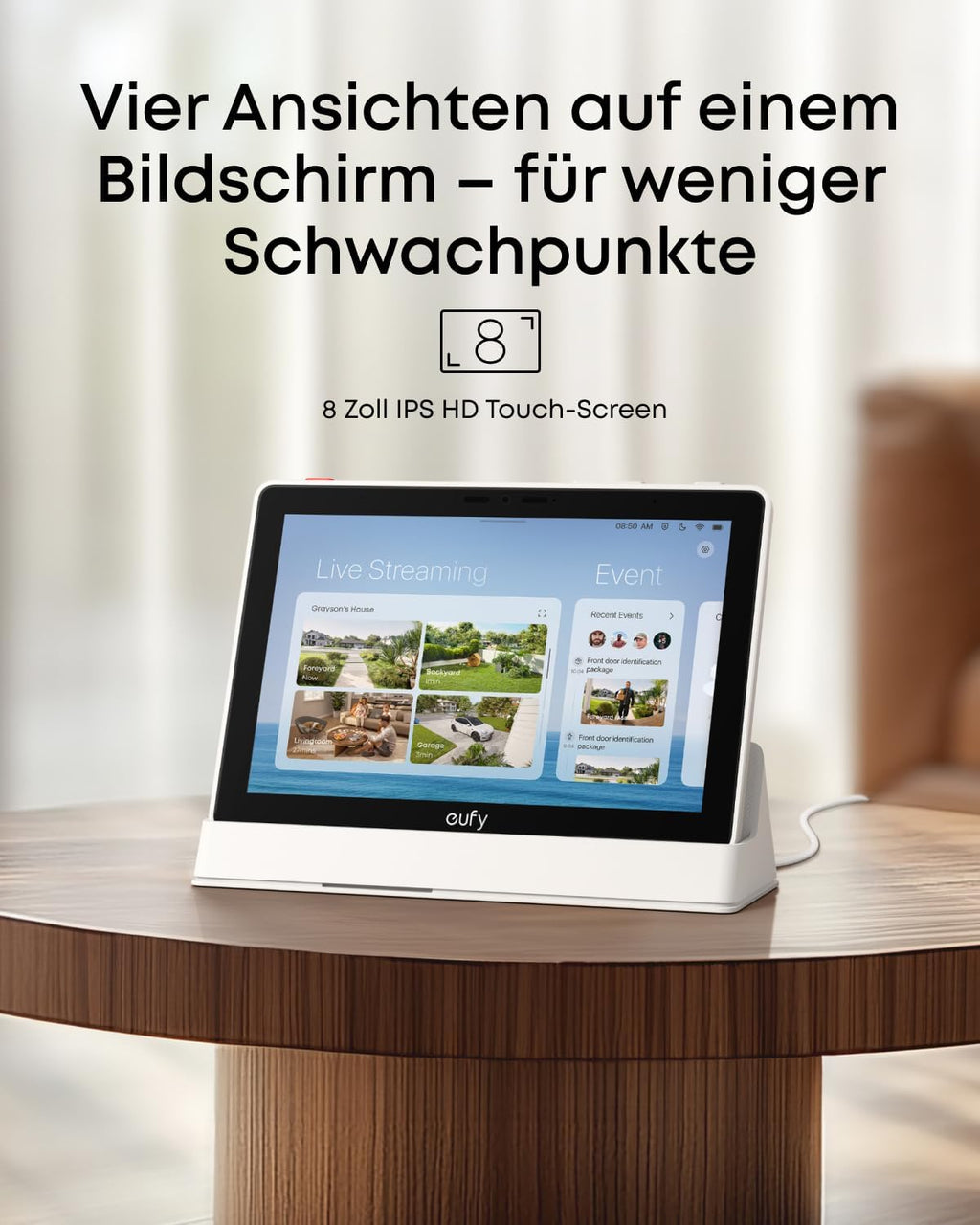 Smart Home Display T87A0 8 Zoll WLAN Touchscreen 1280 x 800 für Sicherheitsgeräte mit 4 Live-Ansichten und Echtzeitbenachrichtigungen