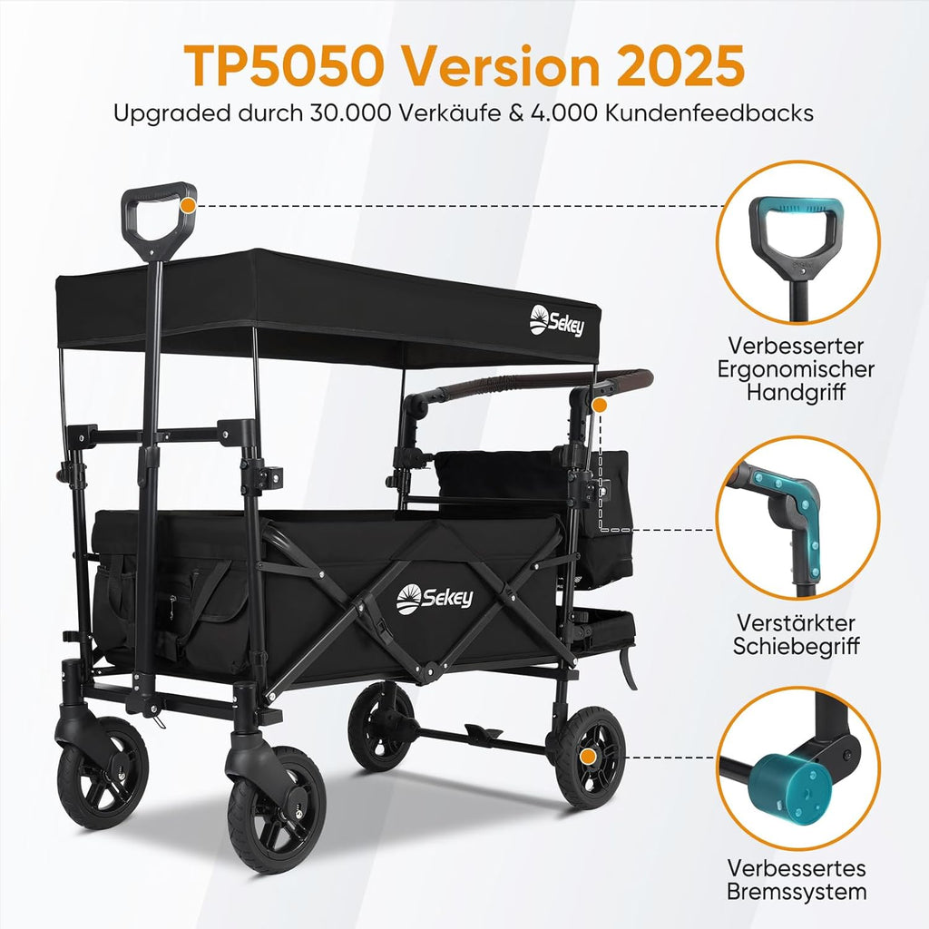 Faltbarer Bollerwagen mit Dach SS5050 110L PU Räder mit Bremsen 100kg Traglast Schiebegriff Kinder Transportwagen