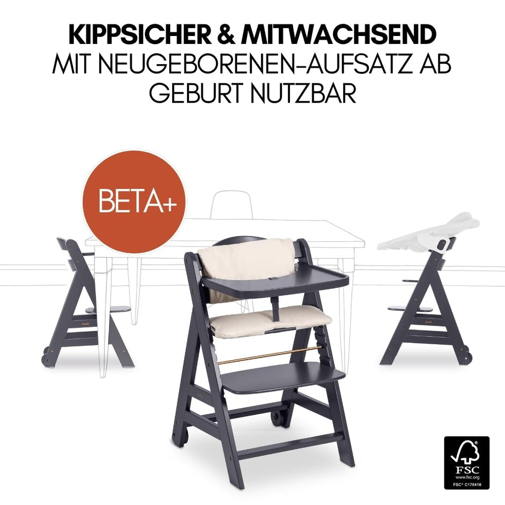 Babyhochstuhl Beta+ Newborn Set Deluxe mit Bouncer Essbrett und Sitzpolster aus Buchenholz bis 90 kg