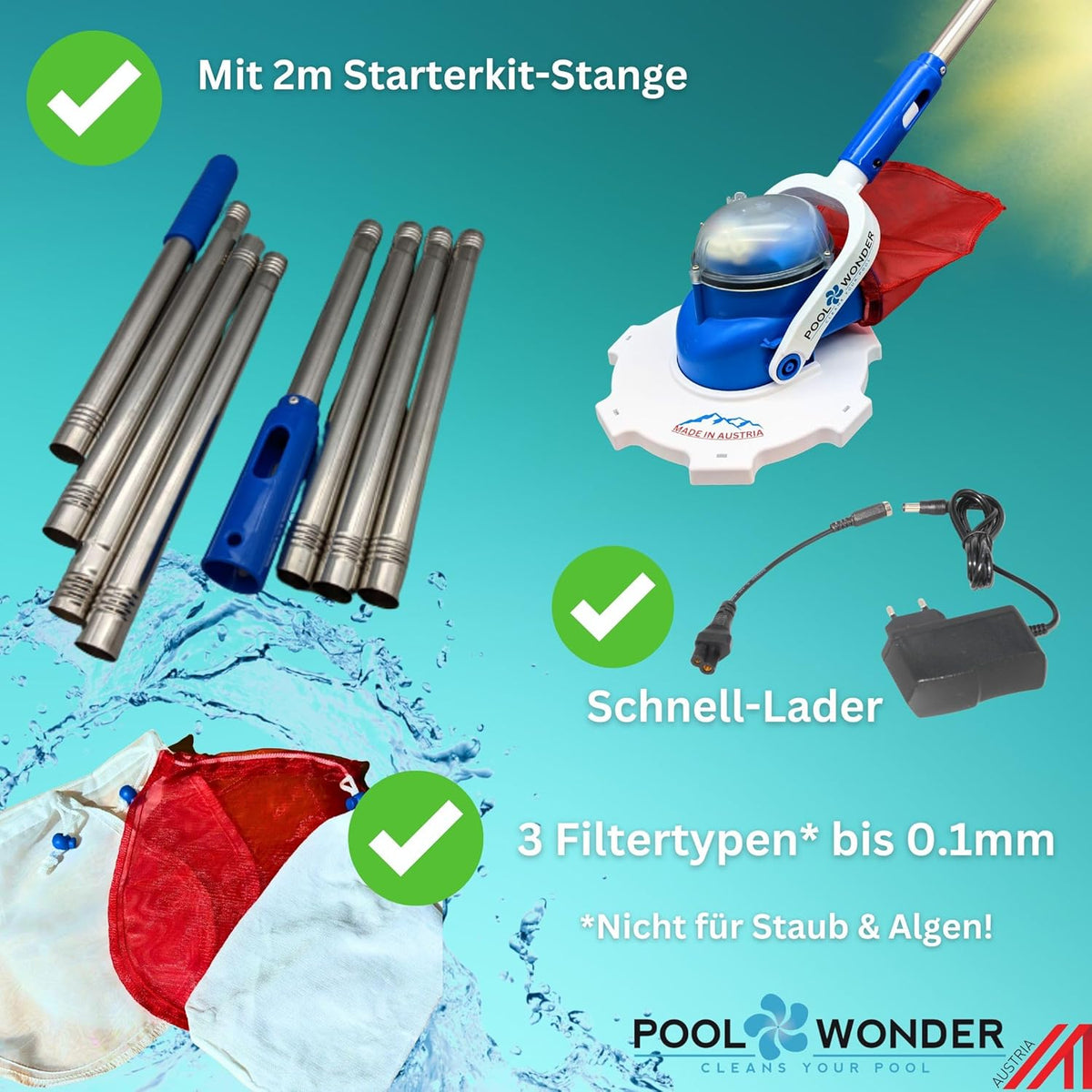 Akku Poolreiniger Marvelix kabellos Poolsauger mit Filter 20 cm Saugbreite wiederaufladbarer Lithium Akku