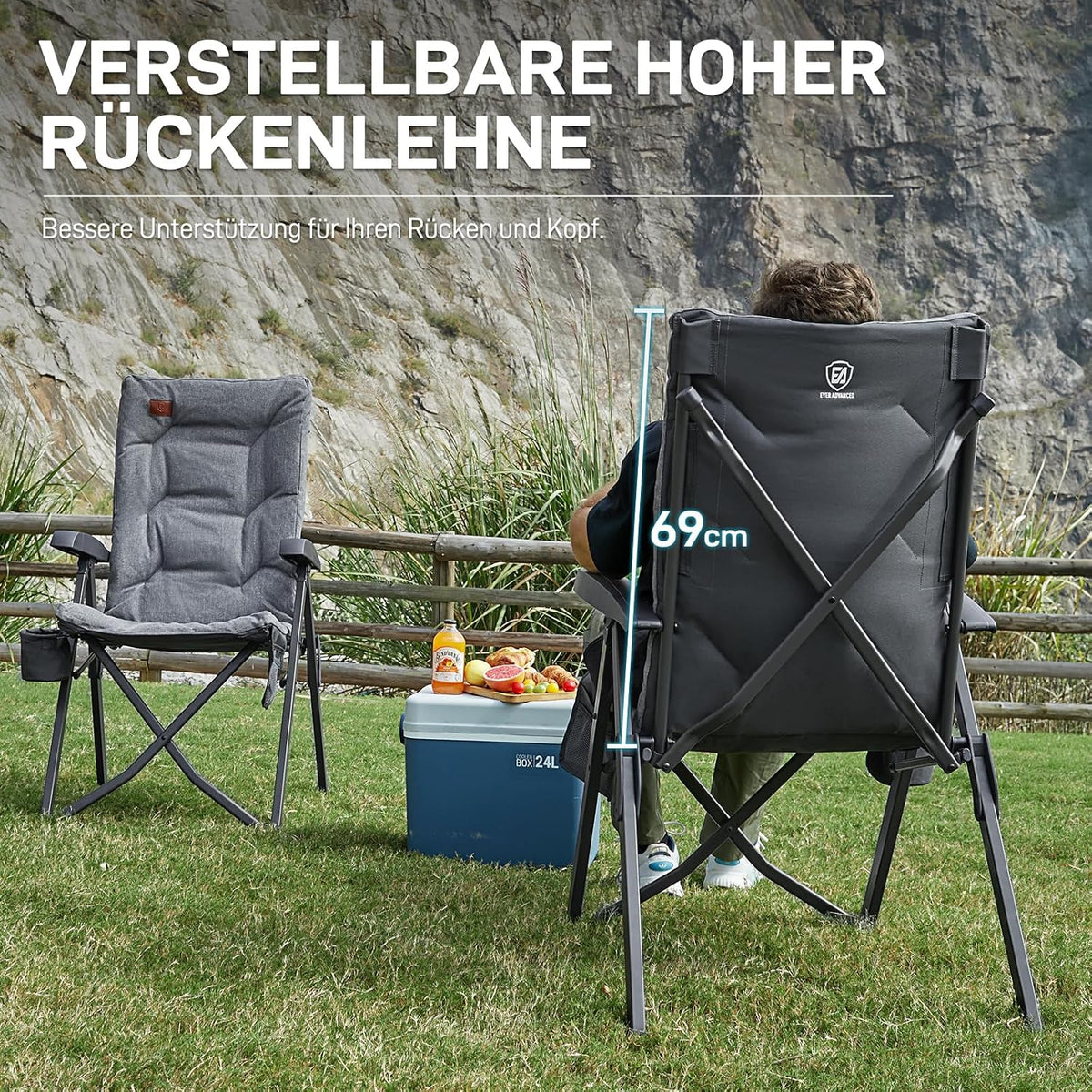Faltbarer Campingstuhl mit 4 Positionen gepolsterter hoher Lehne Seitentasche Getränkehalter und 150 kg Tragfähigkeit