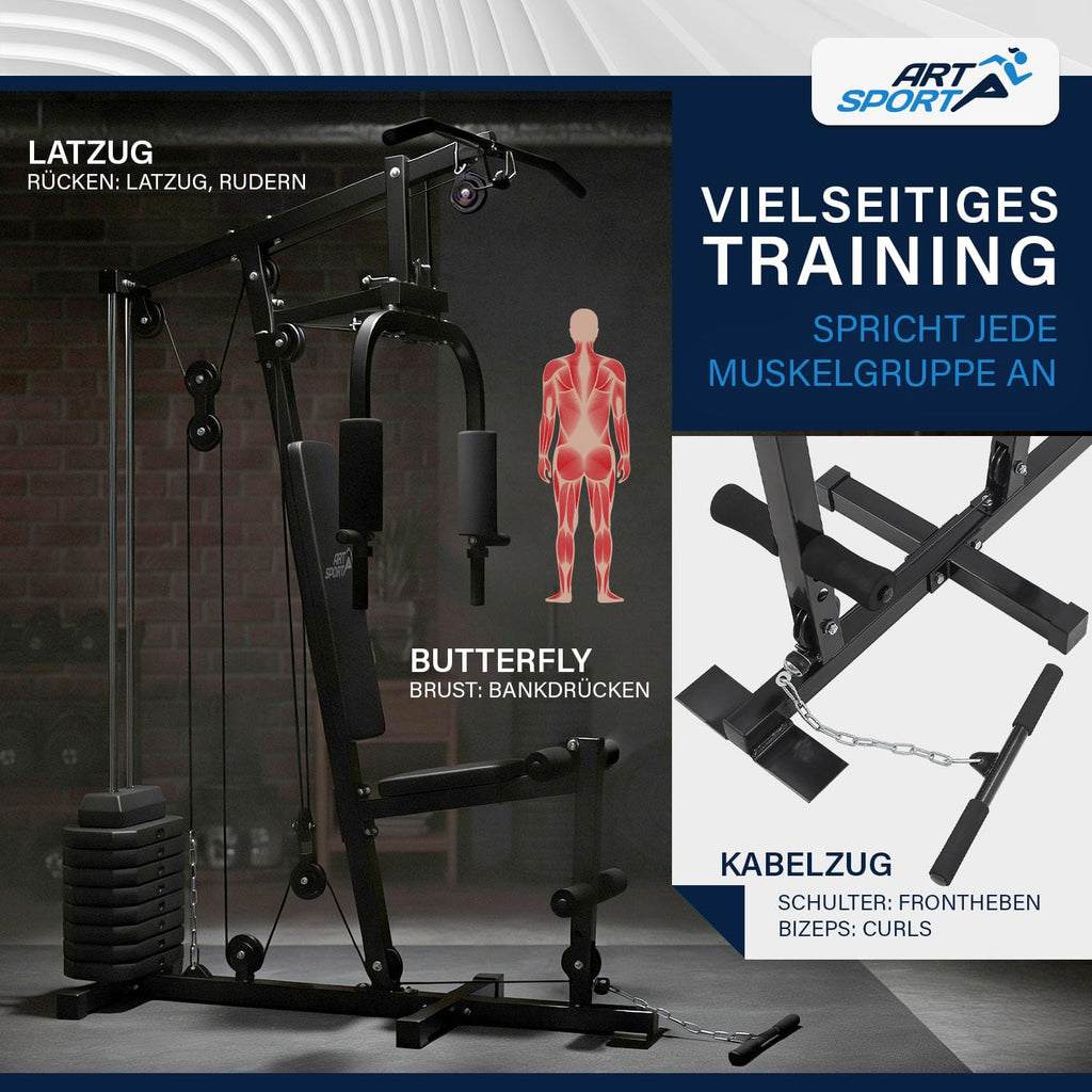 Kraftstation ProfiGym 2000 Modell 24808 mit 40 kg Gewichten Latzug Butterfly Seilzug und Beinstrecker Schwarz