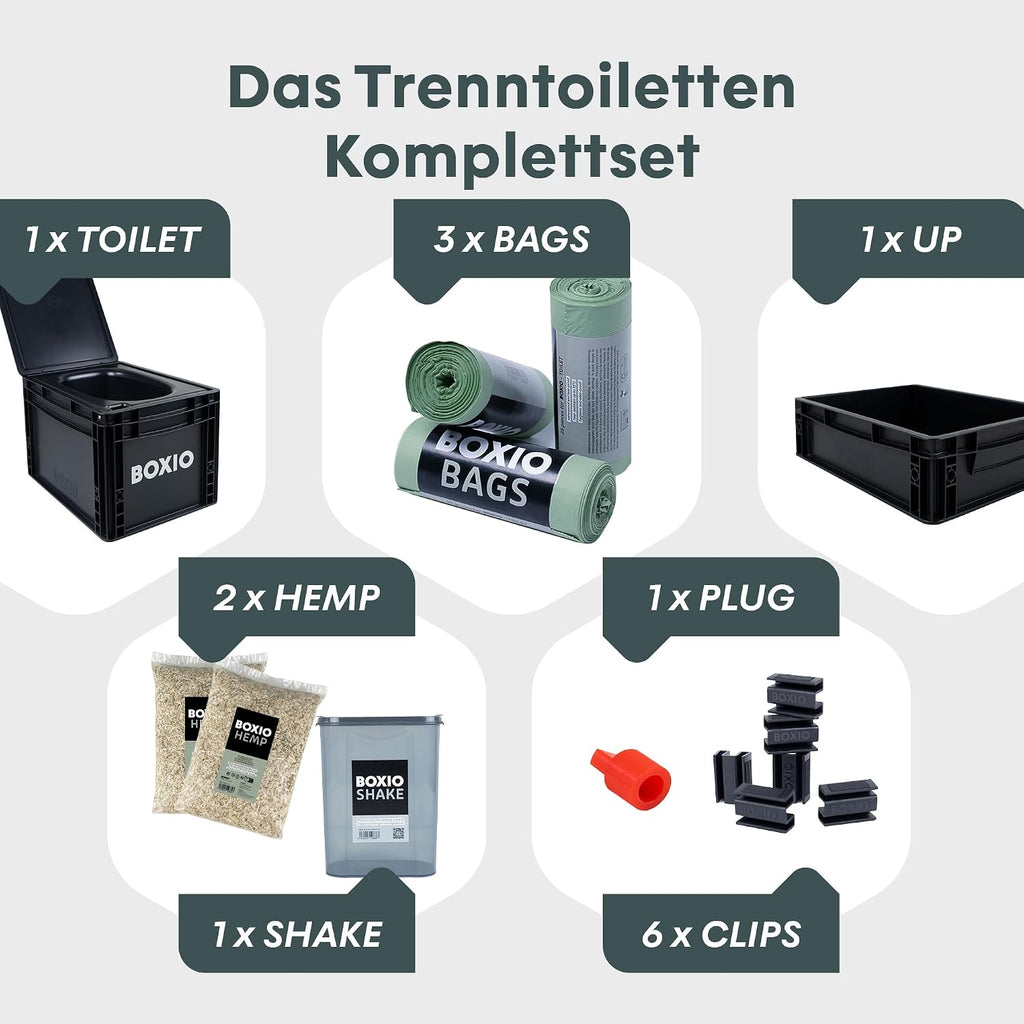Camping Trockentrenntoilette Max+ 40 x 30 x 28 cm mit Sitzerhöhung Urinkanister Beuteln und Hanfstreu