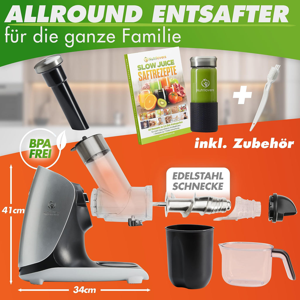 Slow Juicer Entsafter GREEN-PRESS MAX Edelstahl 200 W 2 L Fassungsvermögen Horizontale Saftpresse