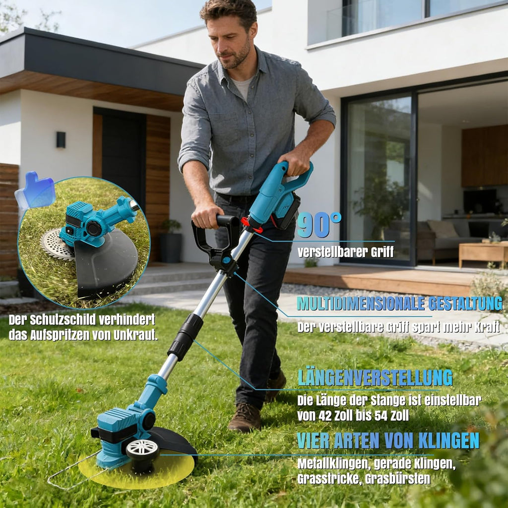 Akku Rasentrimmer Freischneider 4 in 1 21V mit 2 Akkus 12000 U/min 8 Zoll Schnittbreite verstellbarer Griff Winkel