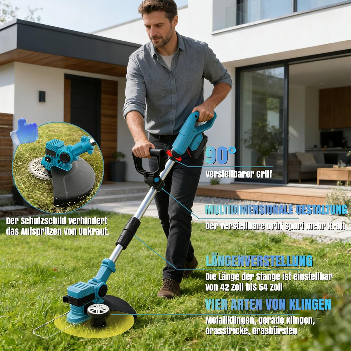Akku Rasentrimmer Freischneider 4 in 1 21V mit 2 Akkus 12000 U/min 8 Zoll Schnittbreite verstellbarer Griff Winkel