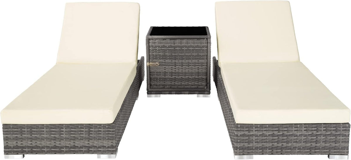 Gartenliege Set 2 Personen mit Tisch 403088 Aluminium Polyrattan Sonnenliegen 5-fach verstellbar inkl Schutzhülle Grau