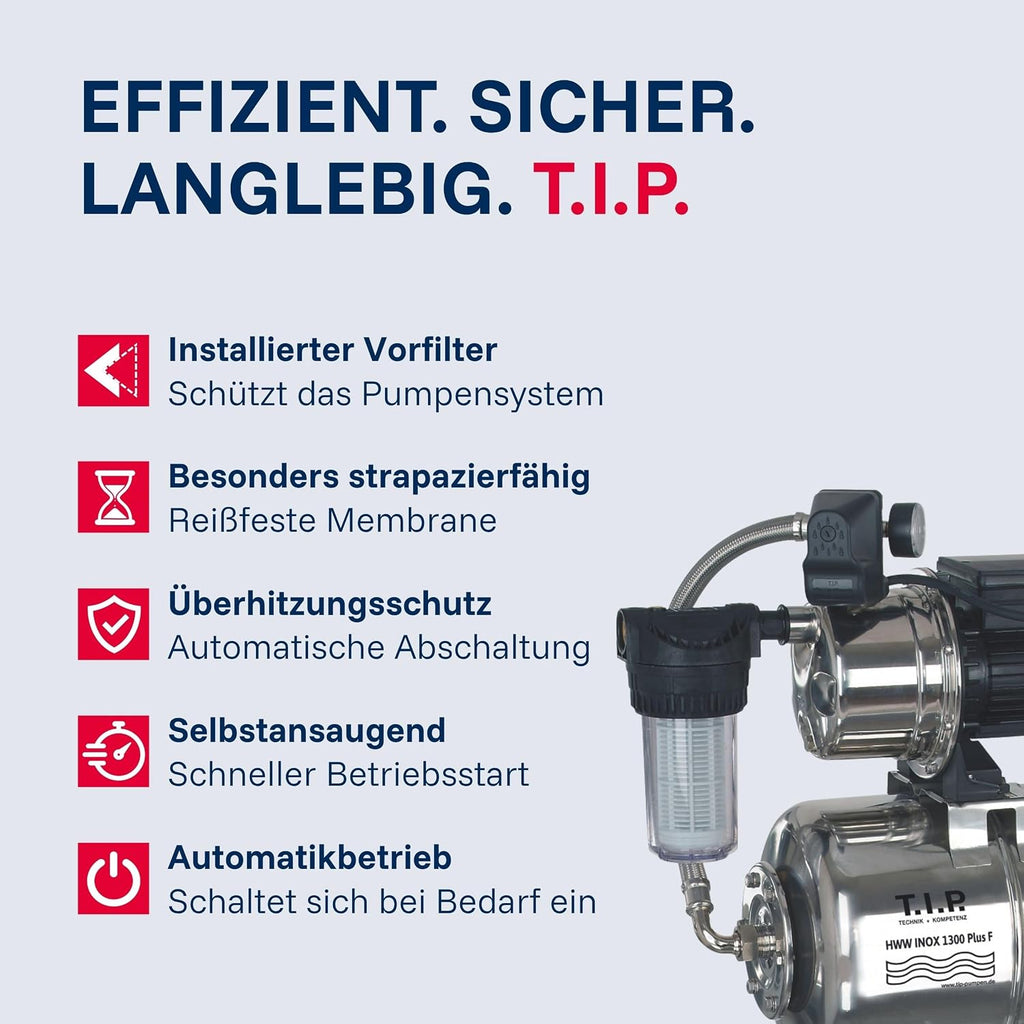 Hauswasserwerk Edelstahl Druckkessel 1300 Plus F 1200W 4350 l/h 50 m Förderhöhe Vorfilter 31155