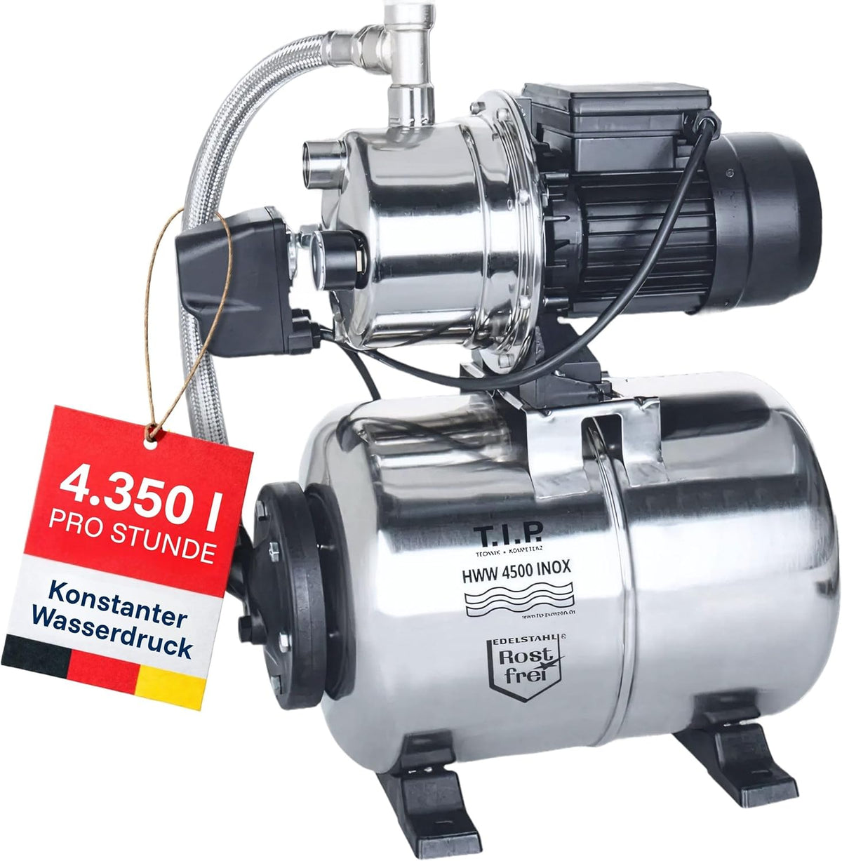 Hauswasserwerk HWW 4500 INOX 1200W 4350 l/h 50m Förderhöhe 5 bar 22L Edelstahl-Druckkessel mit Manometer
