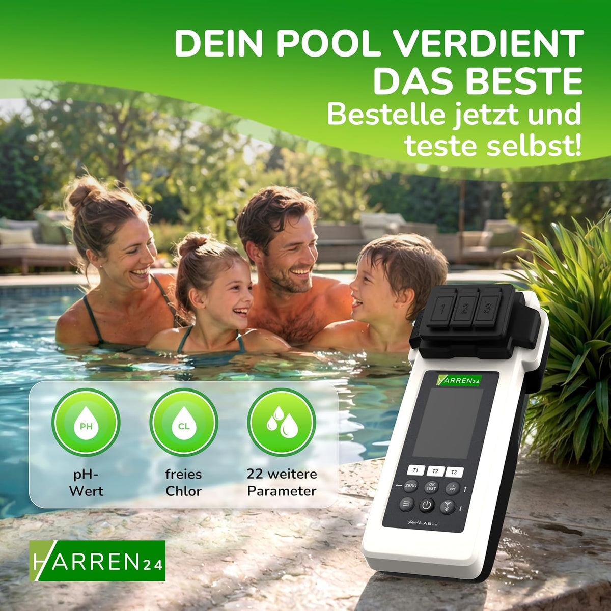 PoolLab 2.0 electronic pool tester photometer water testing kit pH chlorine 170 tablets DPD1 DPD3 phenol red CYA alkalinity
