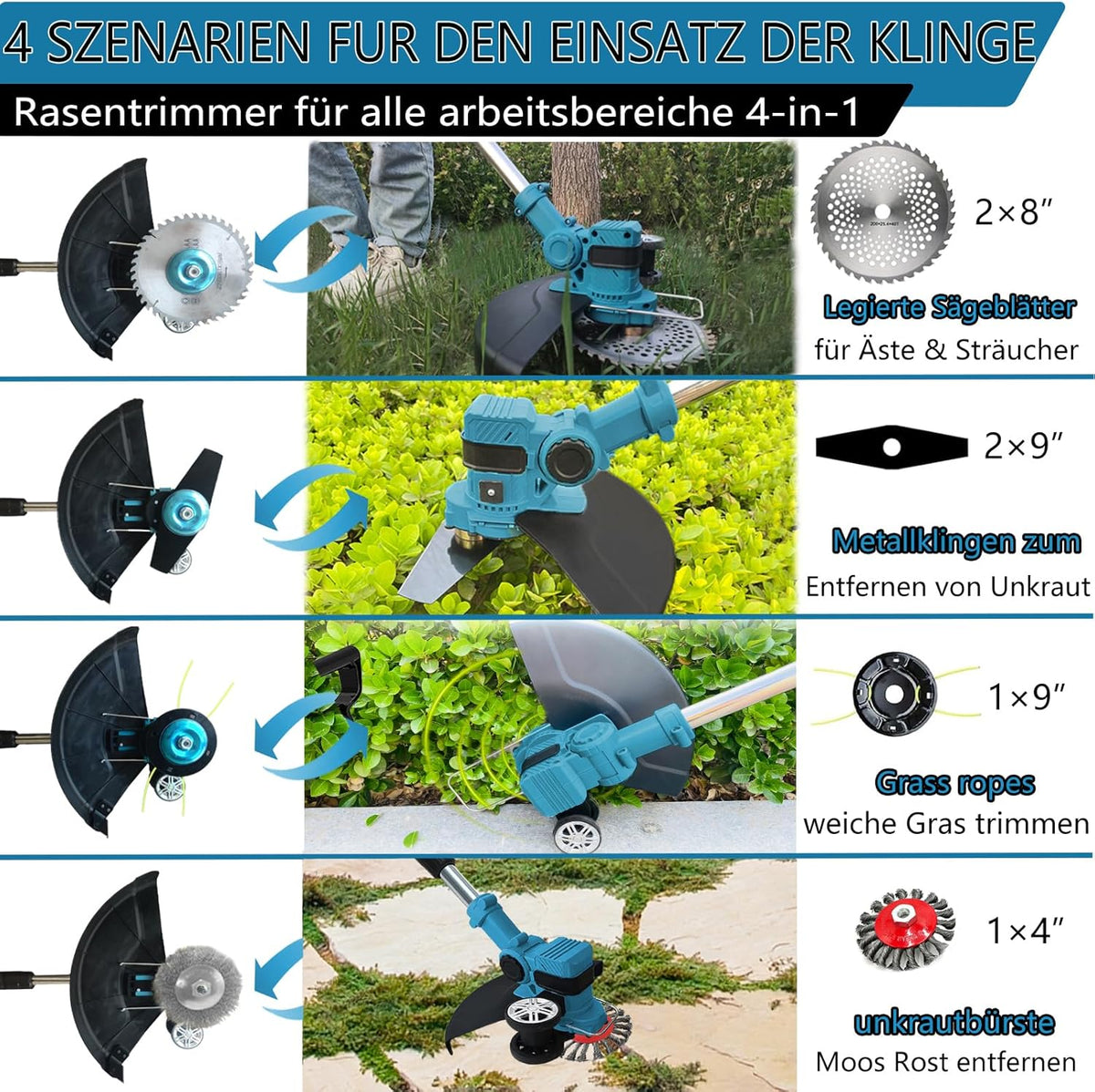 Akku Rasentrimmer Freischneider 4 in 1 21V mit 2 Akkus 12000 U/min 8 Zoll Schnittbreite verstellbarer Griff Winkel