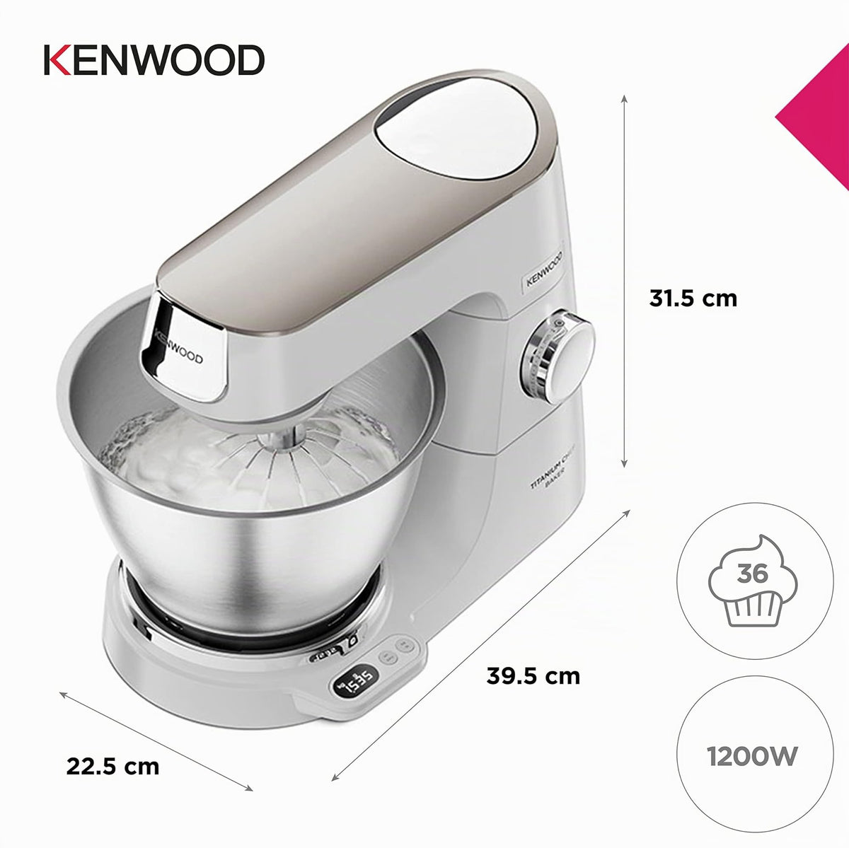 Küchenmaschine Titanium Chef Baker KVC65.001WH 1200 W 5 L Edelstahlschüssel mit Waage und Patisserie Set