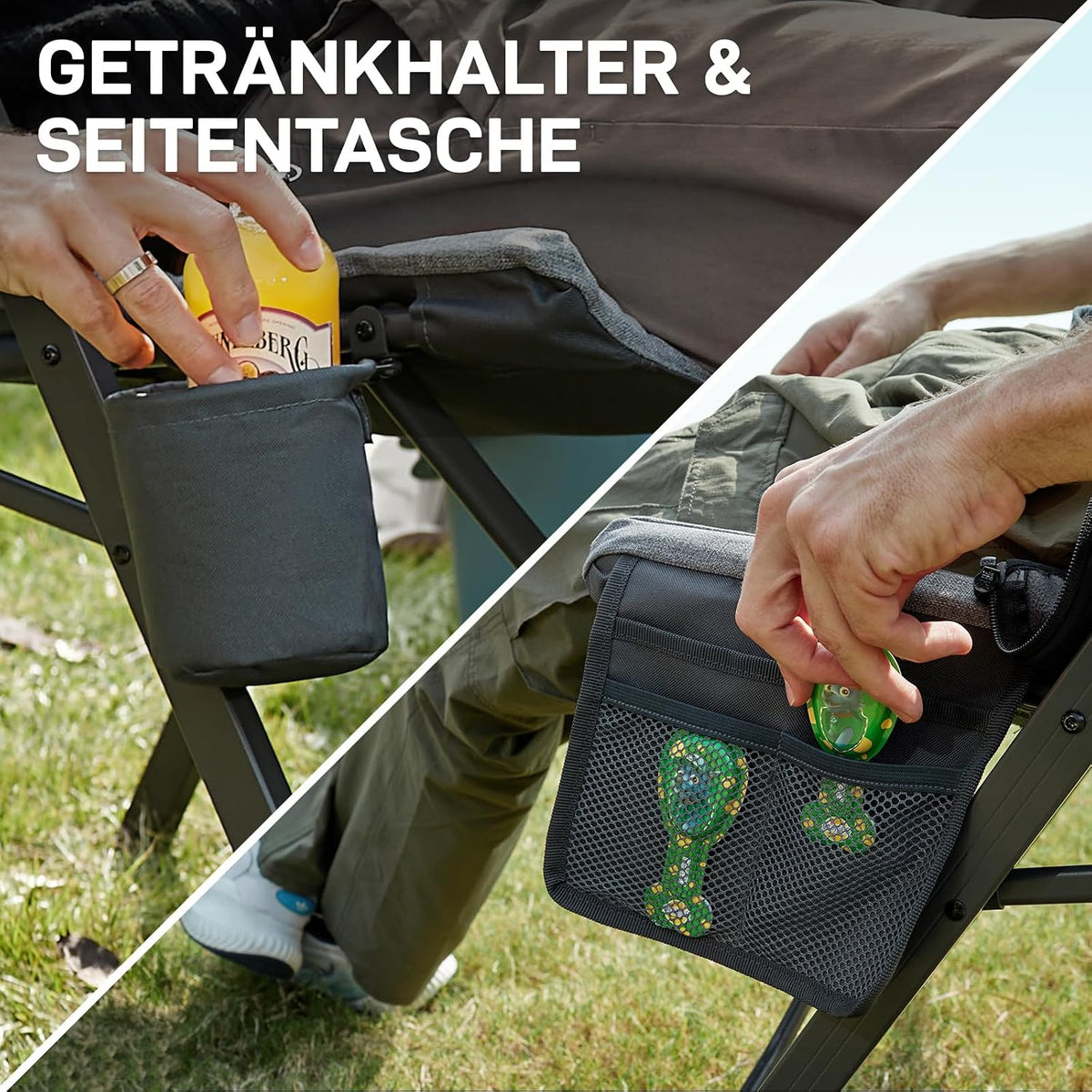 Faltbarer Campingstuhl mit 4 Positionen gepolsterter hoher Lehne Seitentasche Getränkehalter und 150 kg Tragfähigkeit