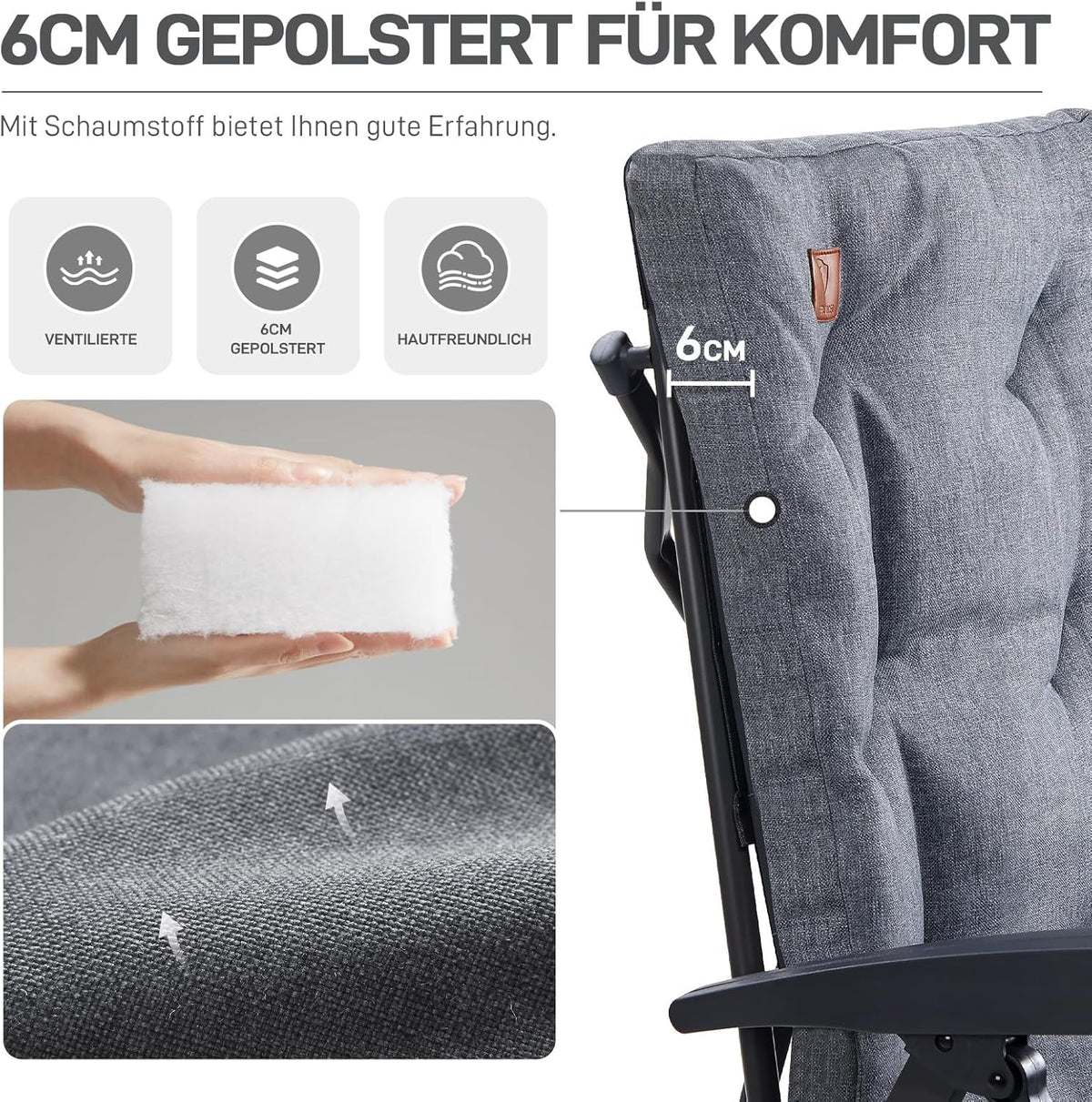 Faltbarer Campingstuhl mit 4 Positionen gepolsterter hoher Lehne Seitentasche Getränkehalter und 150 kg Tragfähigkeit