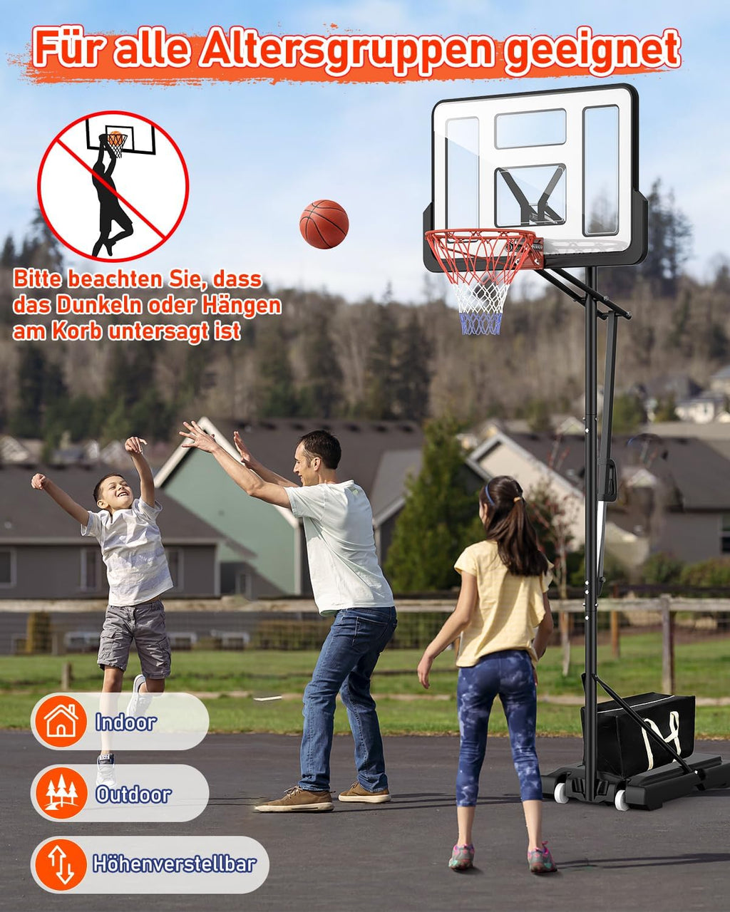 Basketballständer höhenverstellbar LM052 145–305 cm mit 110 x 75 cm Rückwand und Gewichtssack für Innen- und Außenbereich