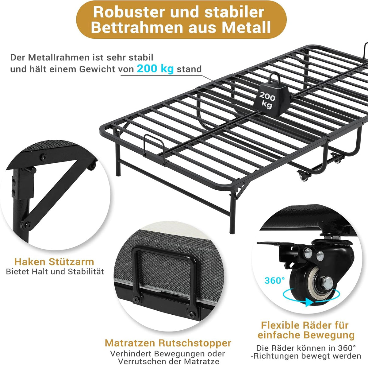 Klappbett Gästebett 90x200 cm mit 10 cm Schaumstoffmatratze Metallrahmen klappbar mit 4 Rollen bis 200 kg