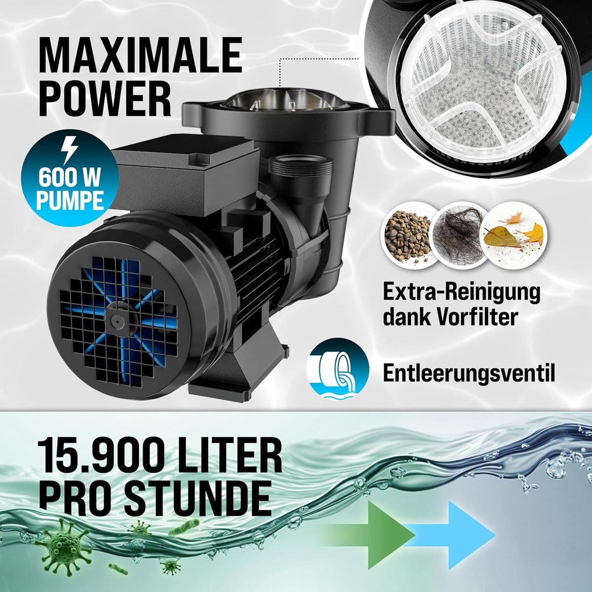 Sandfilteranlage Poolfilter 15900 l/h SF159 600W 7 Wege Ventil Ø32-38mm für Pools bis 70000L Filterpumpe 86,5x51x86,5 cm