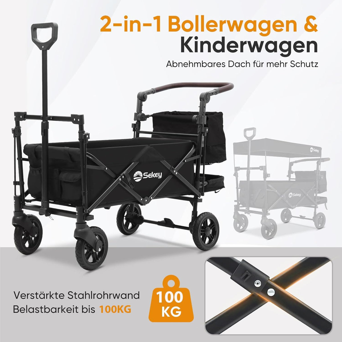 Faltbarer Bollerwagen mit Dach SS5050 110L PU Räder mit Bremsen 100kg Traglast Schiebegriff Kinder Transportwagen