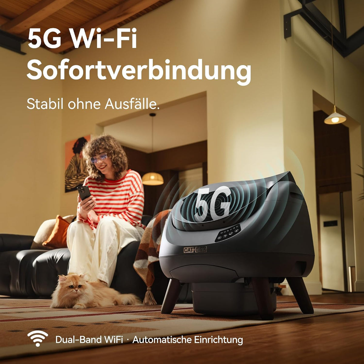 Selbstreinigende Katzentoilette XXL mit offenem Design 12L Abfallbehälter 5 GHz WLAN App-Steuerung für Mehrkatzenhaushalte Modell C08