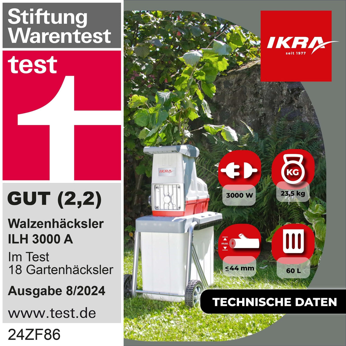 Elektro Walzenhäcksler ILH 3000A 3000 W für Äste bis 44 mm mit 60 L Fangbox automatischem Asteinzug