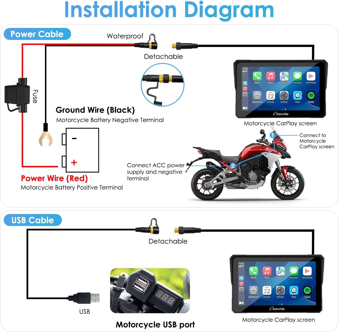 Motorrad Bildschirm W702 Pro 7 Zoll mit kabellosem CarPlay Android Auto Bluetooth Gegensprechfunktion und IP-Schutz