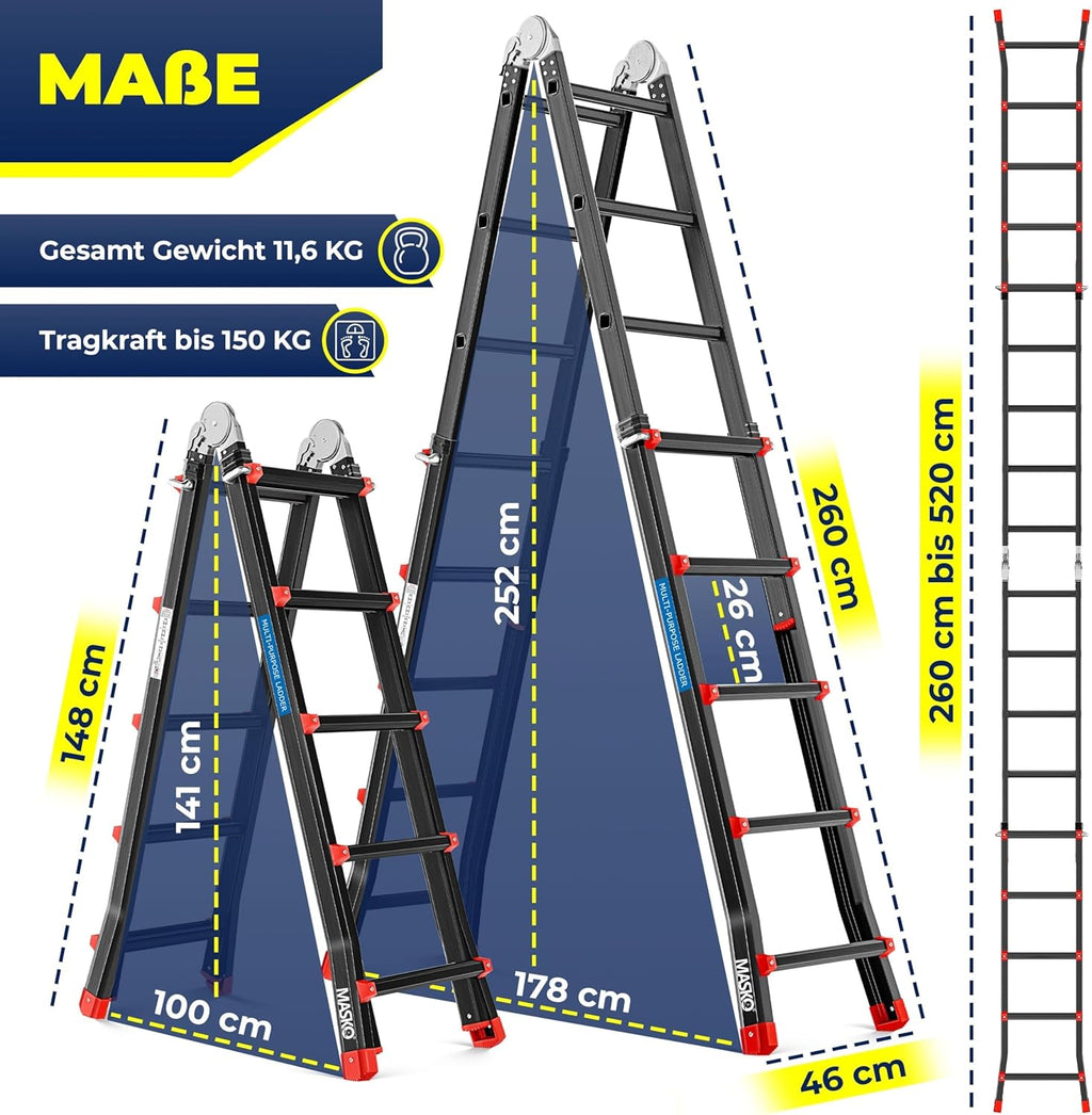 Aluminium Mehrzweckleiter 6in1 20 Sprossen 520 cm ausziehbar Klappleiter Gelenkleiter Anlegeleiter 150 kg belastbar