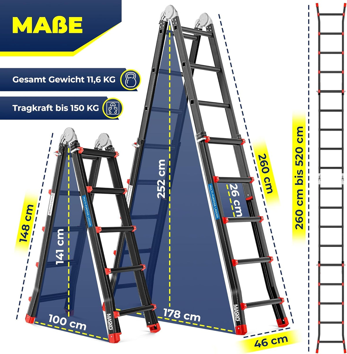 Aluminium Mehrzweckleiter 6in1 20 Sprossen 520 cm ausziehbar Klappleiter Gelenkleiter Anlegeleiter 150 kg belastbar